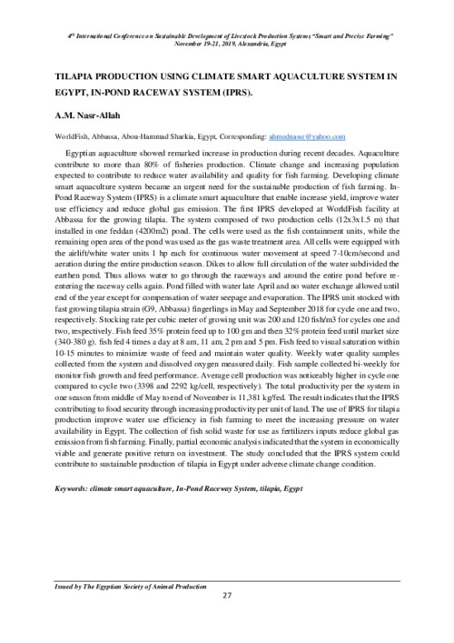 Tilapia production using climate smart aquaculture system in Egypt, In-Pond Raceway System (IPRS)