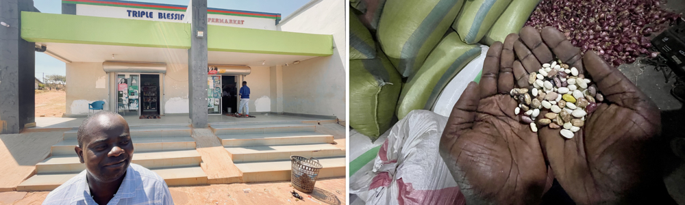 Cosmas Chachi outside Triple Blessings Supermarket, the business he built from door-to-door sales into a community hub. Beans from local farmers stock the shelves, and he’s now setting up a small office to connect producers with bulk buyers and offer mobile money services.