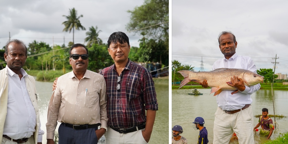Laying the Groundwork for Genetic Exchange — Nepali delegation with Ambarish Patel, and Patel showcasing G3 rohu envisioned for Nepal’s future aquaculture improvement. (Photo: Harun Or Rashid/WorldFish)