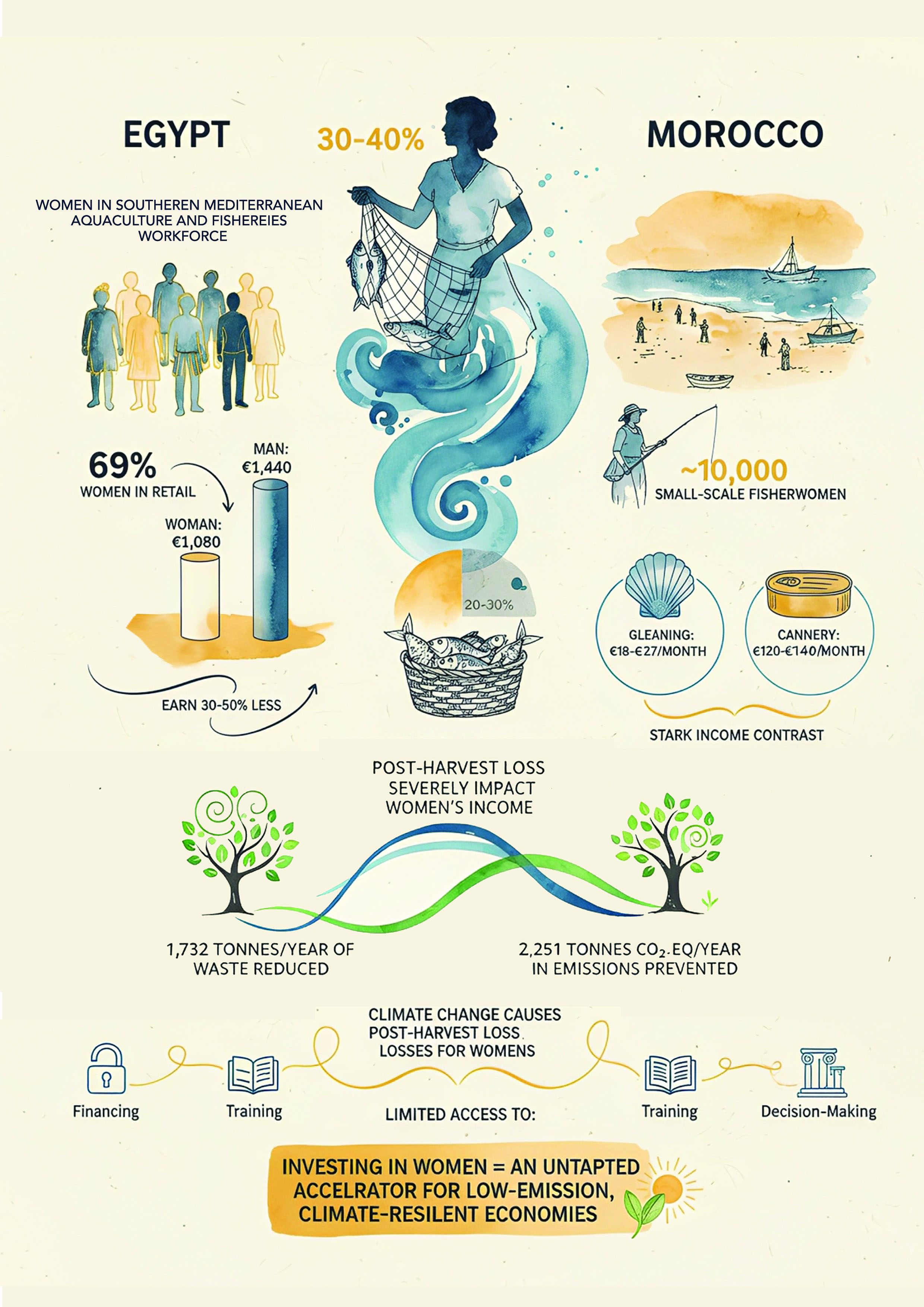 Mosbah, M., Infographic sketch; Research brief (2025). Intersectionality of gender and blue entrepreneurship: Voices of Egyptian women fish-retailers and Moroccan small-scale fisherwomen, Mediterranean Youth Action (MYA) Programme, co-funded by European Union