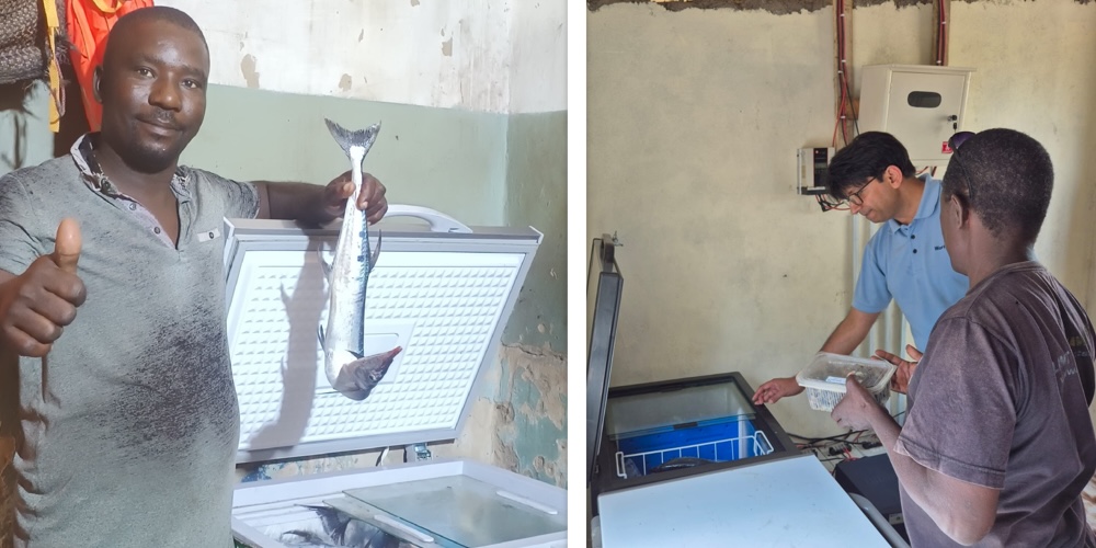 Left: Mbwana Asaa from Mtwapa  BMU shows how Kuza freezers keep his catch fresh for the market. Right: Aditya Parmar inspects the freezer functionalities.